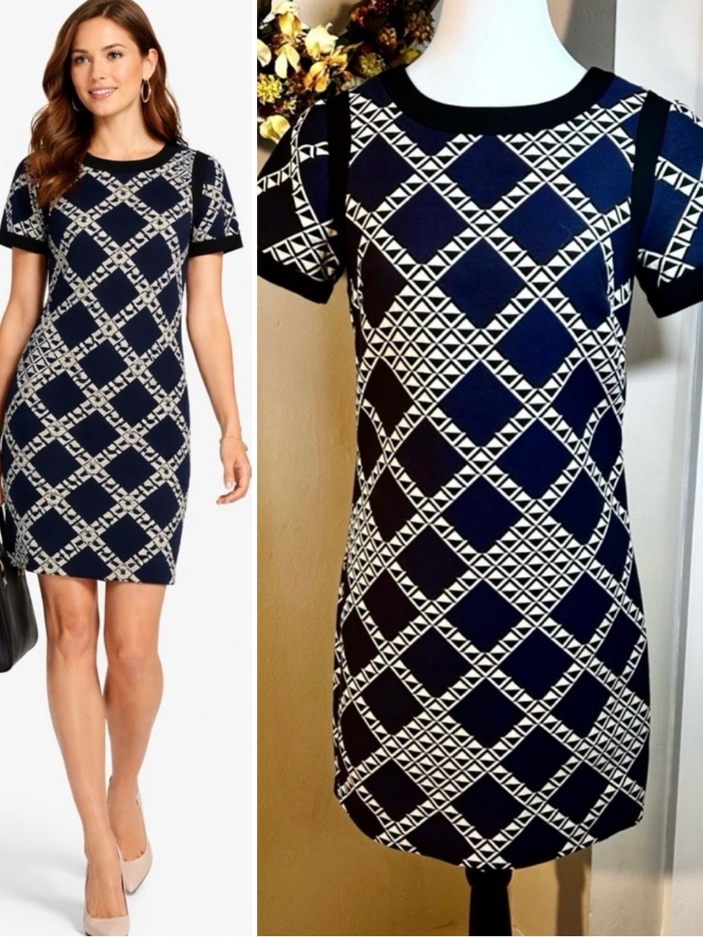 TRINA TURK Navy Cream Geometric Diamond Print Career Shift Dress Sz 0💛